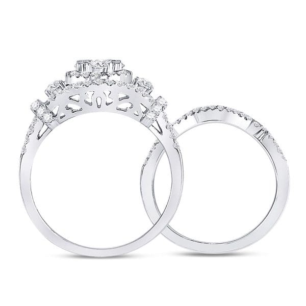 14kt White Gold Round Diamond Cluster Bridal Wedding Ring Band Set 1 Cttw - Image 4