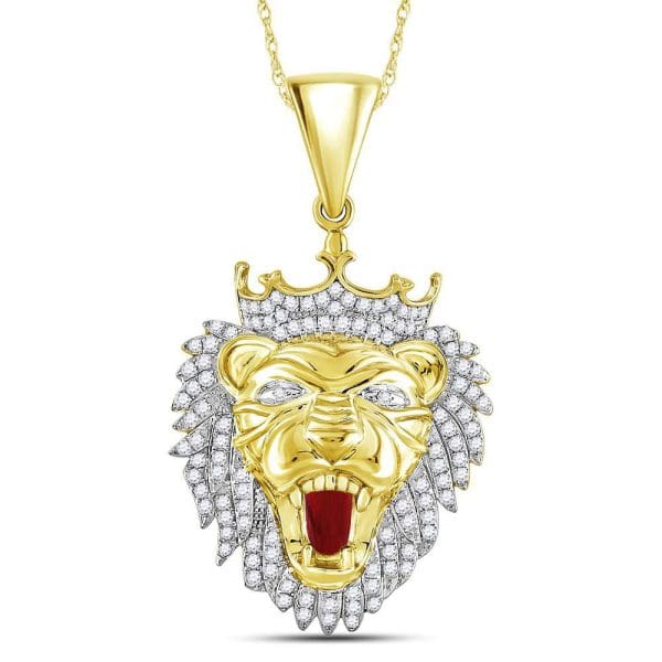 10kt Yellow Gold His Round Diamond King Lion Crown Charm Pendant 1 Cttw