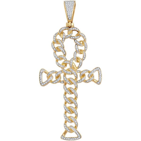 Round Diamond Ankh Cross Cuban Link Charm Pendant - 10K Yellow Gold