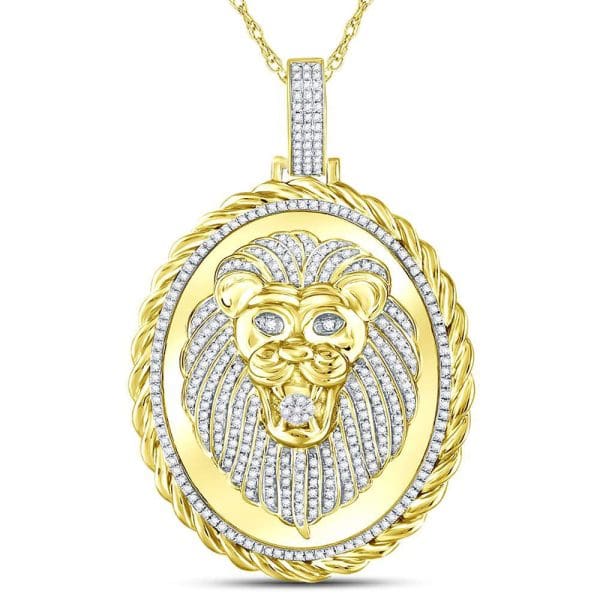 10kt Yellow Gold His Round Diamond Oval Lion Face Rope Charm Pendant 1 Cttw