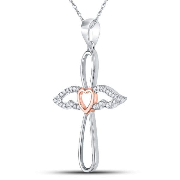 Sterling Silver Rose-tone  Round Diamond Angel Cross Pendant 1/8 Cttw - Image 2