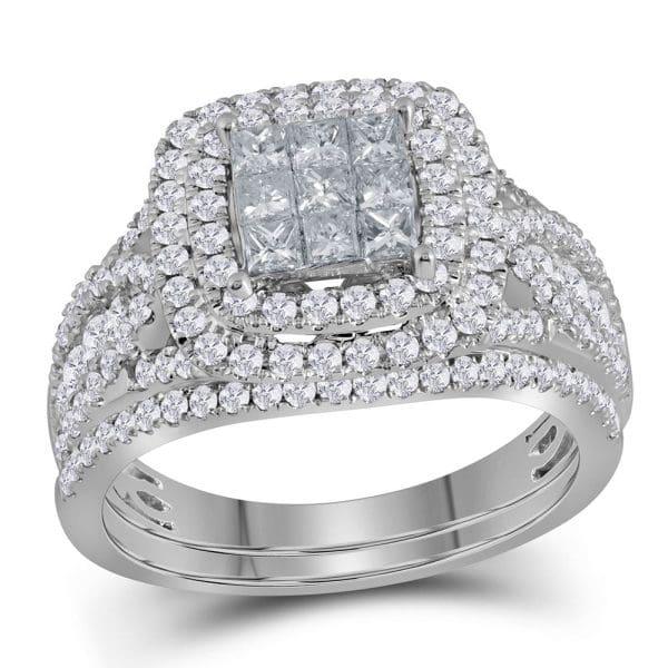 14kt White Gold Princess Diamond Bridal Wedding Ring Band Set 1-1/2 Cttw