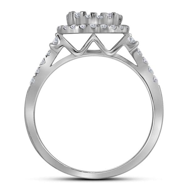 14kt White Gold Round Diamond Cluster Halo Bridal Wedding Ring Band Set 1 Cttw - Image 2