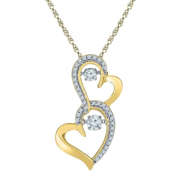 10kt Yellow Gold  Round Diamond Moving Twinkle Solitaire Double Heart Pendant 1/4 Cttw