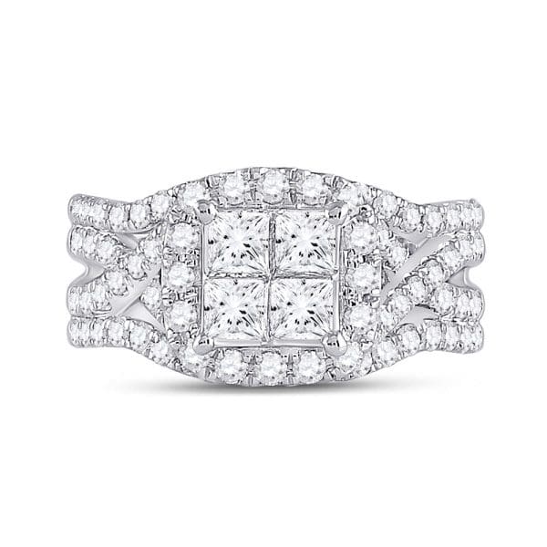 14kt White Gold Princess Diamond Cluster Bridal Wedding Engagement Ring 2 Cttw - Image 2