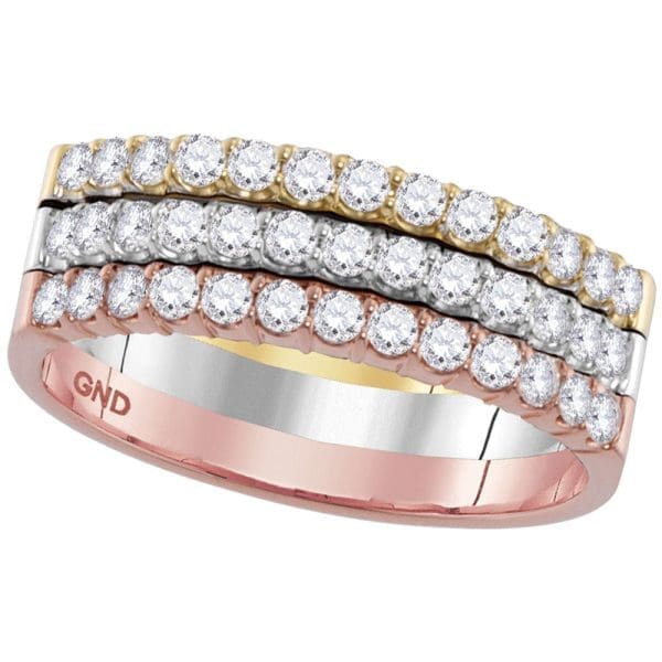 14kt Tri-Tone Gold  Round Diamond Triple Row Band Ring 3/4 Cttw