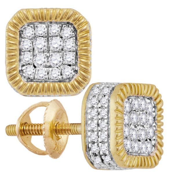 10kt Yellow Gold His Round Diamond Fluted Square Cluster Stud Earrings 3/4 Cttw