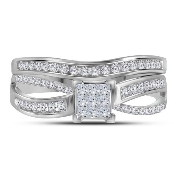 14kt White Gold Princess Diamond Bridal Wedding Ring Band Set 1/2 Cttw - Image 2