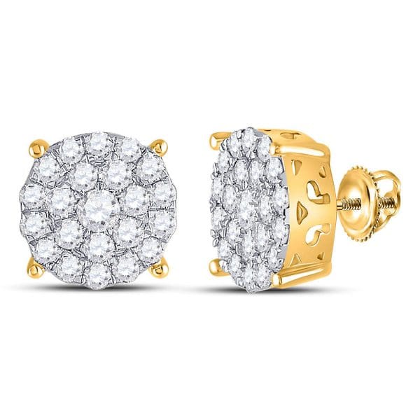 14kt Yellow Gold  Round Diamond Concentric Circle Cluster Stud Earrings 2 Cttw