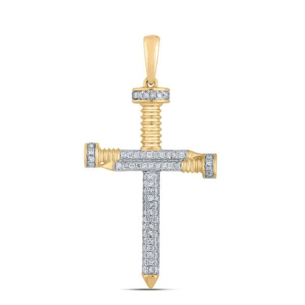 10kt Yellow Gold His Round Diamond Nail Cross Charm Pendant 1/3 Cttw