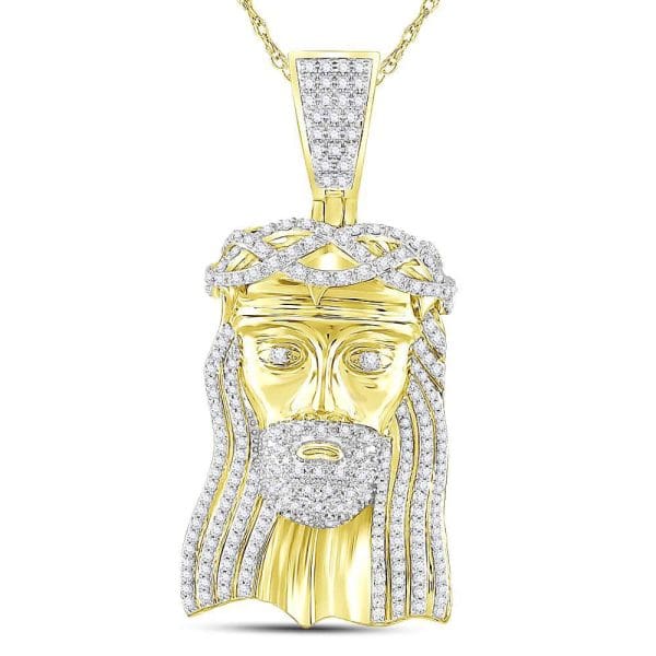 10kt Yellow Gold His Round Diamond Jesus Face Charm Pendant 3 Cttw