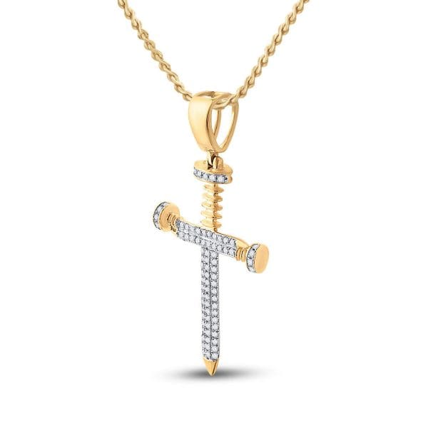 10kt Yellow Gold His Round Diamond Nail Cross Charm Pendant 3/8 Cttw - Image 2