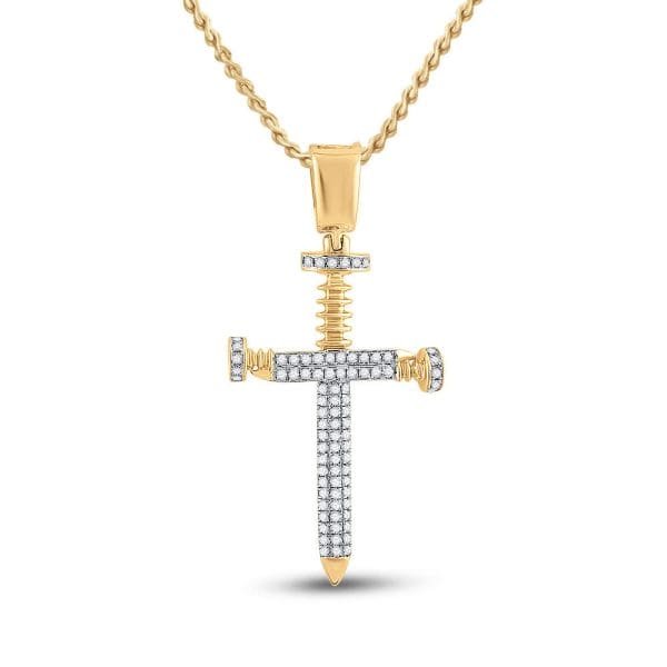 10kt Yellow Gold His Round Diamond Nail Cross Charm Pendant 3/8 Cttw