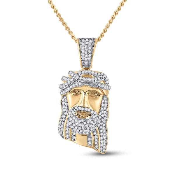 10kt Yellow Gold His Round Diamond Jesus Face Charm Pendant 3/8 Cttw