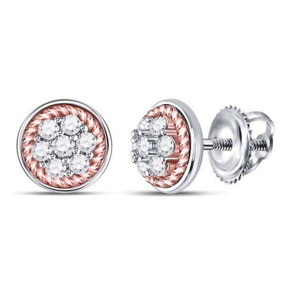 10kt Two-tone Gold  Round Diamond Rope Frame Flower Cluster Earrings 1/2 Cttw