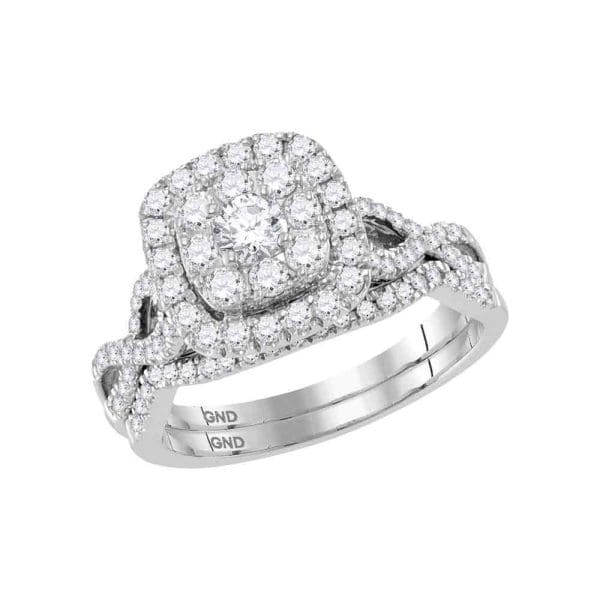 14kt White Gold Round Diamond Halo Bridal Wedding Ring Band Set 1 Cttw