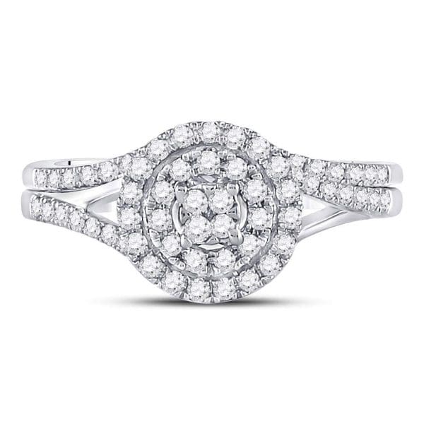 14kt White Gold Round Diamond Cluster Bridal Wedding Ring Band Set 1/2 Cttw - Image 2