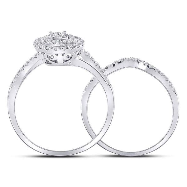 14kt White Gold Round Diamond Cluster Bridal Wedding Ring Band Set 1/2 Cttw - Image 4