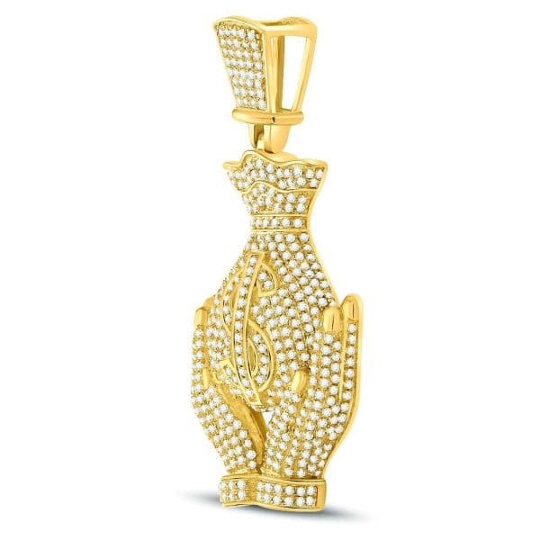 10kt Yellow Gold His Round Diamond Money Bag Hands Charm Pendant 2 Cttw - Image 2
