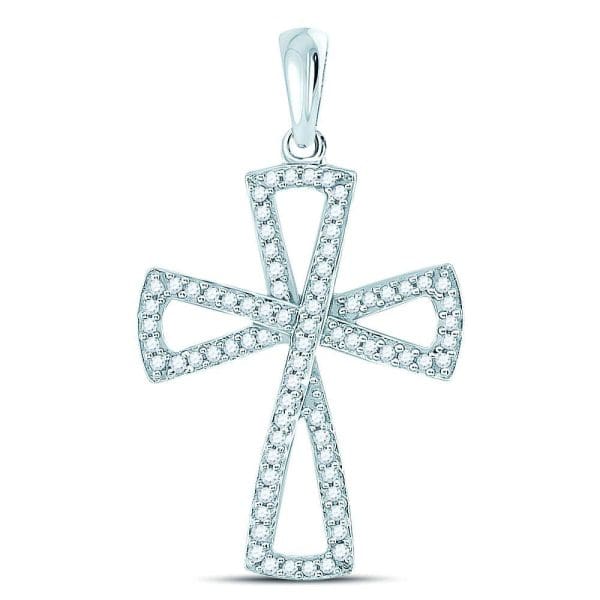 10kt White Gold  Round Diamond Flared Cross Pendant 1/3 Cttw