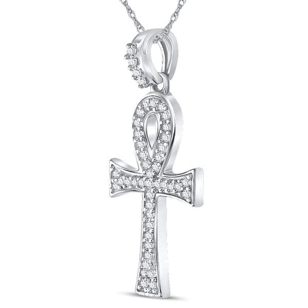 10kt White Gold His Round Diamond Ankh Cross Charm Pendant 1/5 Cttw - Image 2