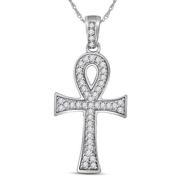 10kt White Gold His Round Diamond Ankh Cross Charm Pendant 1/5 Cttw