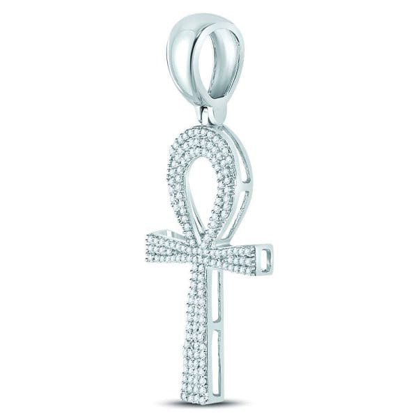 10kt White Gold His Round Diamond Ankh Cross Charm Pendant 1/2 Cttw - Image 2