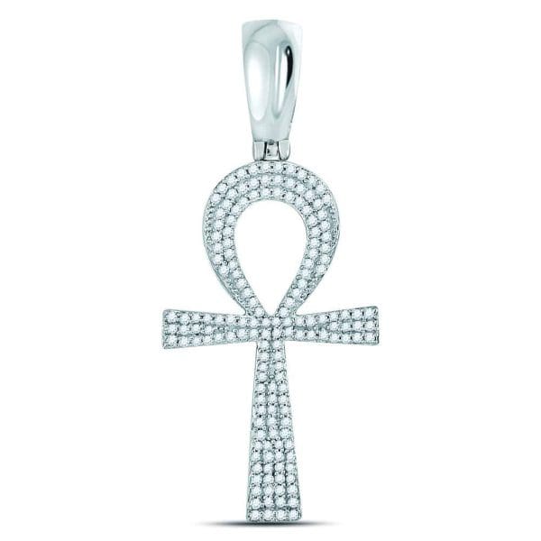 10kt White Gold His Round Diamond Ankh Cross Charm Pendant 1/2 Cttw