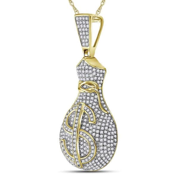 10kt Yellow Gold His Round Diamond Money Bag Dollar Sign Charm Pendant 1 Cttw - Image 2