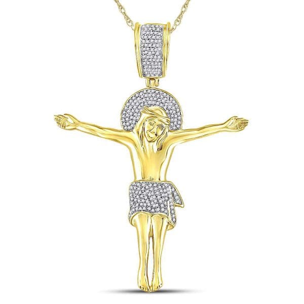 10kt Yellow Gold His Round Diamond Jesus Crucified Charm Pendant 1/2 Cttw