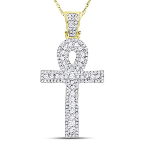 10kt Yellow Gold His Round Diamond Ankh Cross Charm Pendant 1 Cttw