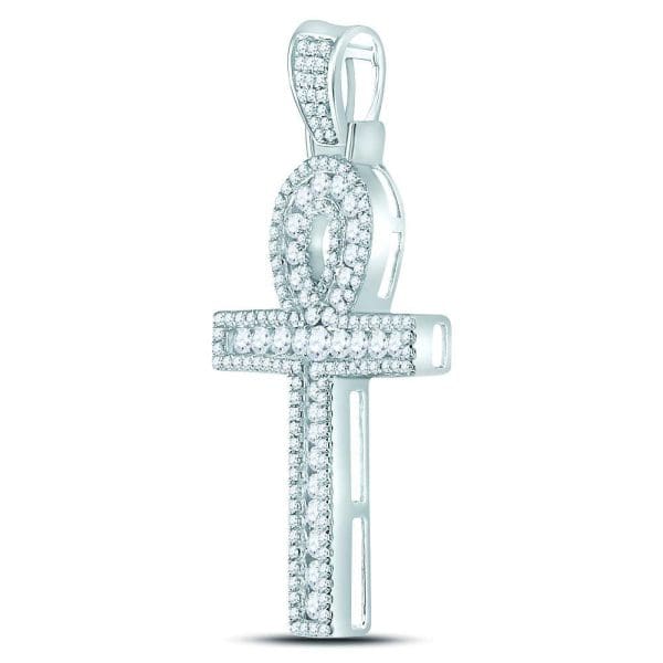 10kt White Gold His Round Diamond Ankh Cross Charm Pendant 1 Cttw - Image 2