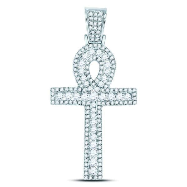 10kt White Gold His Round Diamond Ankh Cross Charm Pendant 1 Cttw