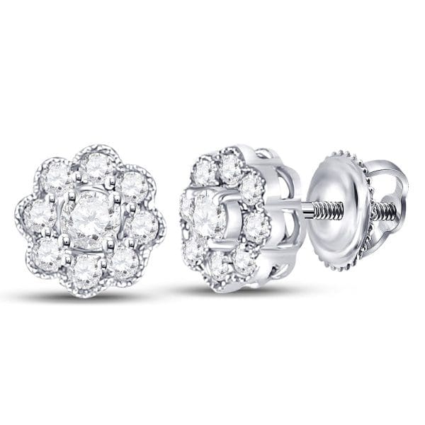 14kt White Gold  Round Diamond Flower Cluster Earrings 1/4 Cttw