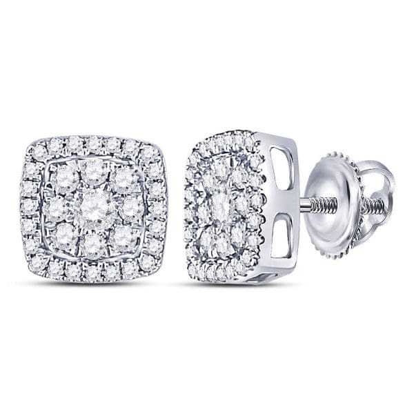 14kt White Gold  Round Diamond Square Cluster Earrings 1/2 Cttw