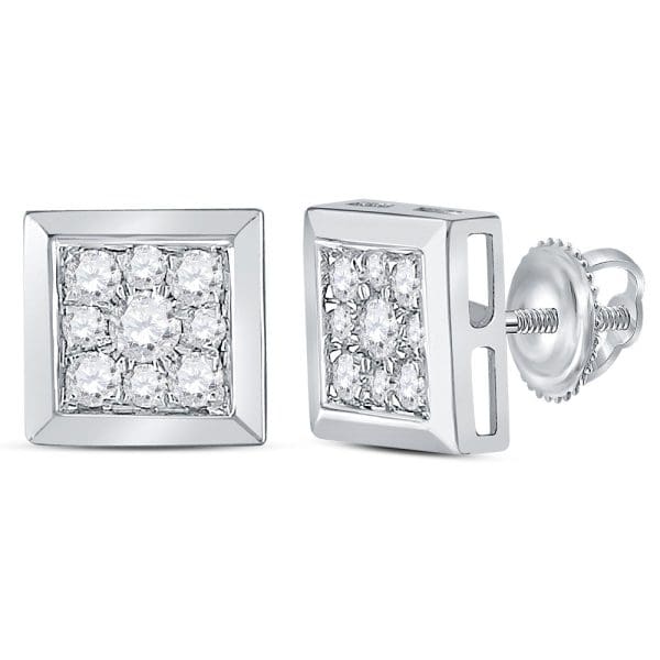 14kt White Gold  Round Diamond Square Cluster Stud Earrings 1/2 Cttw