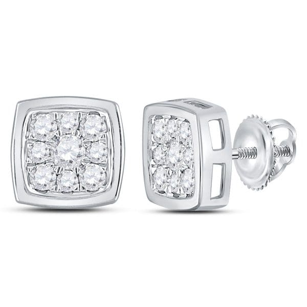 14kt White Gold  Round Diamond Square Cluster Stud Earrings 1/2 Cttw