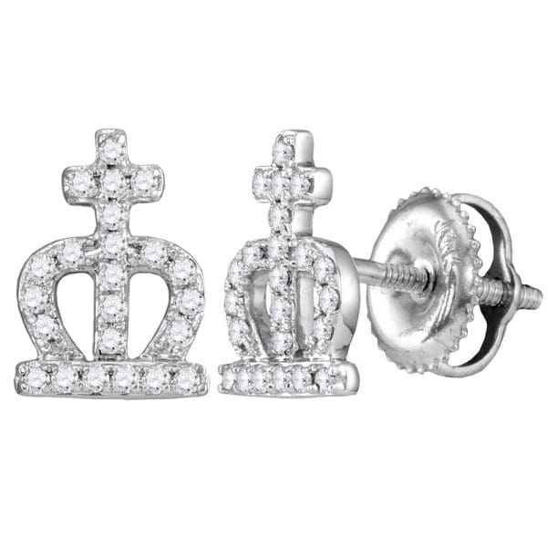 14kt White Gold  Round Diamond Crown Cross Stud Earrings 1/6 Cttw