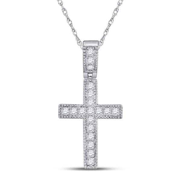 14kt White Gold  Round Diamond Milgrain Cross Pendant 1/5 Cttw