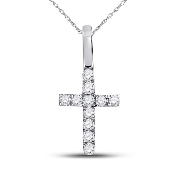 14kt White Gold  Round Diamond Dainty Cross Pendant 1/10 Cttw