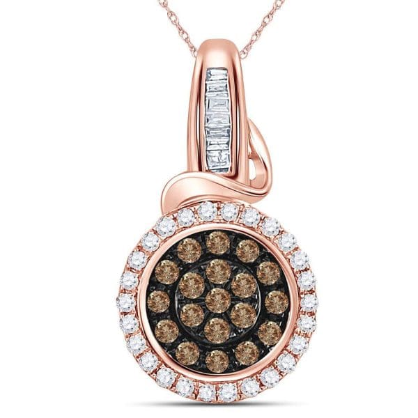 14kt Rose Gold  Round Brown Diamond Circle Cluster Pendant 3/8 Cttw