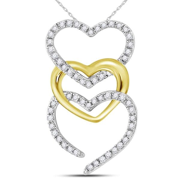 10kt Two-tone Gold  Round Diamond Triple Vertical Heart Pendant 1/6 Cttw