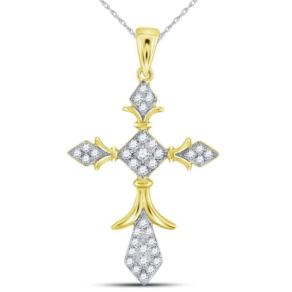 14kt Yellow Gold  Round Diamond Fleur Cross Pendant 1/4 Cttw