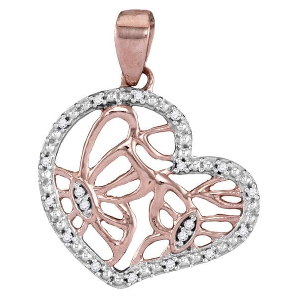 14kt Rose Gold  Round Diamond Heart Butterfly Pendant 1/20 Cttw