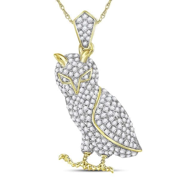 10kt Yellow Gold His Round Diamond Owl Bird Animal Charm Pendant 1 Cttw