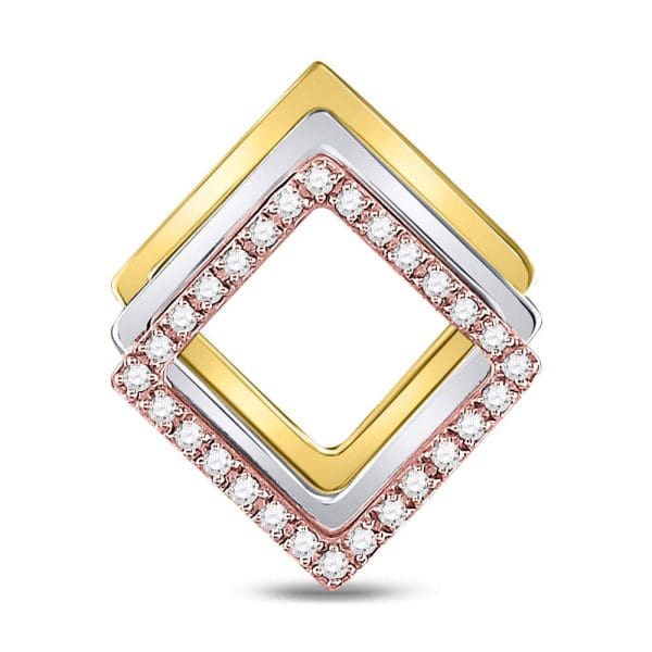 Round Diamond Diagonal Square Fashion Pendant - 10kt Tri-Tone Gold
