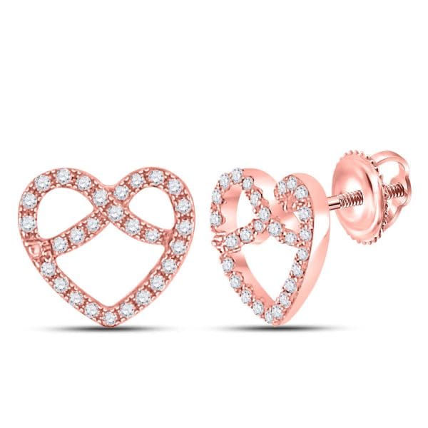 10kt Rose Gold  Round Diamond Pretzel Heart Earrings 1/6 Cttw