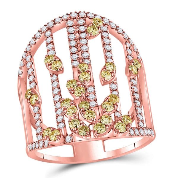 14kt Rose Gold  Round Yellow Diamond Fashion Cocktail Ring 1-1/2 Cttw