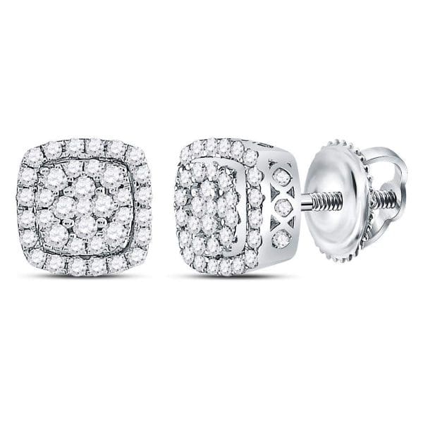 14kt White Gold  Round Diamond Square Frame Cluster Earrings 1/2 Cttw