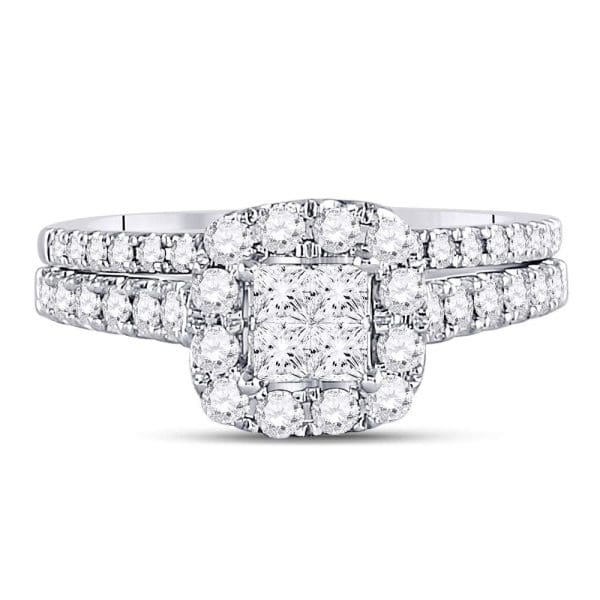 14kt White Gold Princess Diamond Bridal Wedding Ring Band Set 1 Cttw - Image 2
